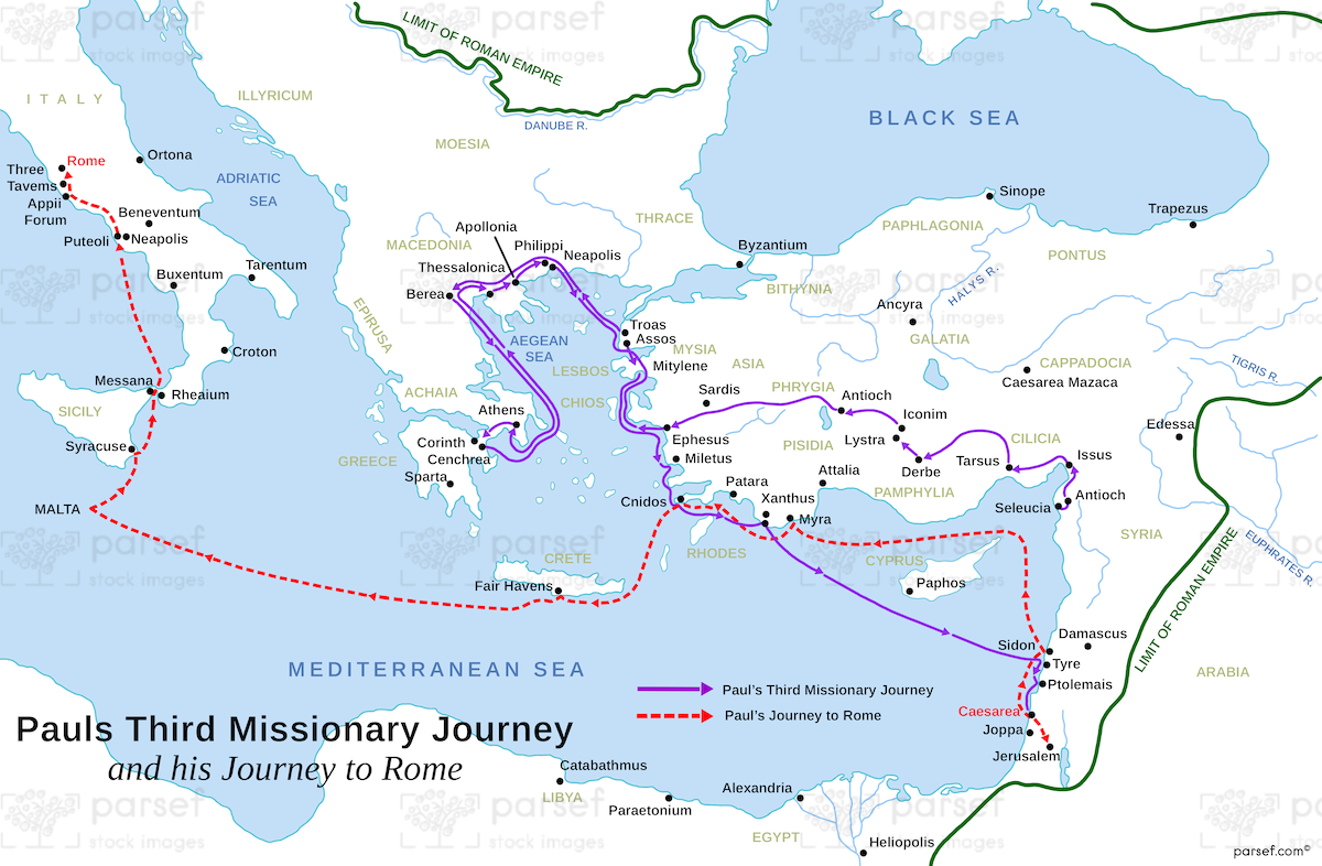 Acts Pauls Third Journey and Rome Map | Kid's Study Bible Maps